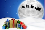 Kerstkaart: Santa Claus vliegt met zijn rendieren en slee bij volle maan door de lucht terwijl hij net pakjes heeft afgeleverd