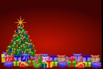 Kerstkaart: Kerstboom met kaarsjes en ster en daarvoor een grote verzameling pakjes