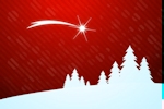 Kerstkaart: Witte kerstbomen en een witte kerstster met een rode hemel