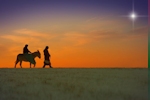 Kerstkaart: Jozef en Maria lopen met de ezel terwijl de ster aan de hemel schijnt