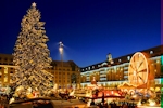 Kerstkaart: Mega grote kerstboom op een plein waar een kerstmarkt gehouden wordt