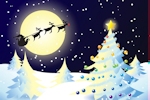 Kerstkaart: De Kerstman vliegt met zijn arrenslee en de rendieren inclusief Rudolf bij volle maan door de lucht