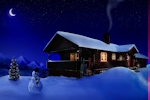 Kerstkaart: Besneeuwd huis met een kerstboom en een sneeuwpop