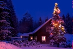 Kerstkaart: Verlichte kerstboom die besneeuwd is staat voor een besneeuwd huis in het bos