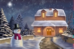 Kerstkaart: Sneeuwpop met paarse sjaal en zwarte hoed staat voor een besneeuwd huis