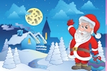 Kerstkaart: De Kerstman steekt zijn hand op en in zijn andere hand houdt hij de zak met cadeaus