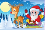 Kerstkaart: Rudolf het rendier trekt de arrenslee met daarin Santa Claus