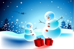 Kerstkaart: Twee sneeuwpoppen hebben een kerstcadeau gekregen van de kerstman die met zijn arrenslee en rendieren alweer opweg om nog meer kerstcadeaus rond te brengen