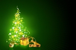 Kerstkaart: Gele sterren in de vorm van een kerstboom met een geel pakje ervoor tegen een groene achtergrond