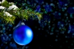 Kerstkaart: Blauwe kerstbal die aan een besneeuwde sparrentak hangt in het donker