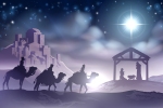 Kerstkaart: De wijzen uit het oosten volgen de ster en komen aan in de stal