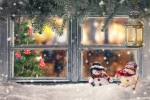 Kerstkaart: Besneeuwd venster met twee sneeuwpoppen en binnen is het gezellig met de kerstboom