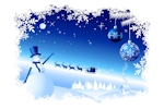 Kerstkaart: Sneeuwpop met blauwe hoed, twee blauwe kerstballen en de kerstman die op zijn arrenslee met rendieren voorbij vliegt