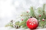 Kerstkaart: Rode kerstbal met een wit sneeuwkristal en een sparrentak