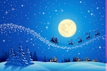 Kerstkaart: De kerstman vliegt met zijn arrenslee en rendieren bij volle maan door de blauwe lucht
