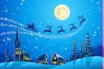 Kerstkaart: De Kerstman vliegt met zijn arrenslee en rendieren bij volle maan door de blauwe lucht over twee huizen en een kerk