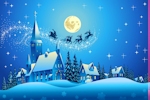 Kerstkaart: De Kerstman vliegt met zijn arrenslee en rendieren bij volle maan door de blauwe lucht over drie huizen en een kerk