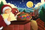 Kerstkaart: De Kerstman zit met Rudolf het rendier boven op het dak en doet cadeaus in de schoorsteen