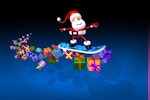 Kerstkaart: De Kerstman staat op een skateboard met achter hem een hele sliert cadeautjes