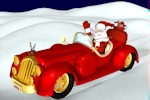 Kerstkaart: Santa Claus rijdt in een rode auto en steekt zijn hand op