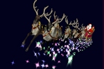 Kerstkaart: Santa Claus vliegt met zijn arrenslee en zes rendieren over een pad van sterren door de lucht