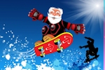 Kerstkaart: De Kerstman rijdt op de skateboard door de sneeuw