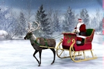 Kerstkaart: De Kerstman zit op zijn arrenslee die door Rudolf het rendier door de sneeuw getrokken wordt