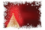 Kerstkaart: Goudkleurige kerstboom met rode achtergrond en een lijst van witte sneeuwvlokken