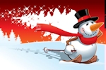 Kerstkaart: Sneeuwpop op ski's die een witte kerstboom bij zich heeft
