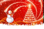Kerstkaart: Sneeuwpop en kerstboom op rode achtergrond