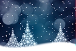 Kerstkaart: Drie witte verlichte kerstbomen tegen een blauwe achtergrond