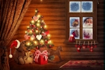 Kerstkaart: Binnen staat een klein kerstboompje, buiten kijkt de kerstman door het raam