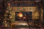 Kerstkaart: Brandende open haard met daarnaast een schommelstoel voor oma en een rijkelijk versierde kerstboom