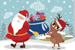 Kerstkaart: Santa Claus en Rudolf het rendier met de rode neus houden samen de zak met presentjes vast