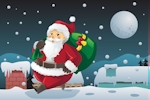 Kerstkaart: De Kerstman loopt met de zak vol kerstgeschenken over het dak en is bij een schoorsteen aangekomen
