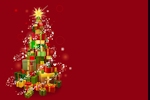 Kerstkaart: Een piramide van pakjes die samen een kerstboom vormen met een rode achtergrond