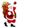 Kerstkaart: De Kerstman steekt blij zijn hand op en heeft een zak met kerstcadeaus op zijn rug met onder andere een teddybeer