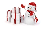 Kerstkaart: Sneeuwpop met kerstmuts naast een stapel witte pakjes met rode strikken
