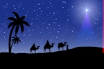 Kerstkaart: De drie wijzen uit het oosten volgen de ster van Bethlehem