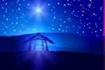 Kerstkaart: Schijnende kerstster boven blauw landschap met in het midden de kerststal met Jozef en Maria en het kindeke Jezus terwijl de wijzen uit het oosten in aantocht zijn